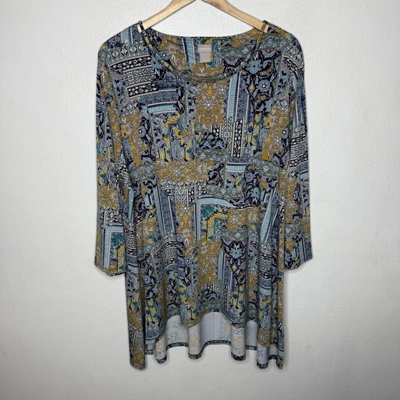 Chicos Abstract Print Tunic 3/4 Sleeve Stretch Top Hi-Low Blue Yellow 4 US XXL - Picture 1 of 9